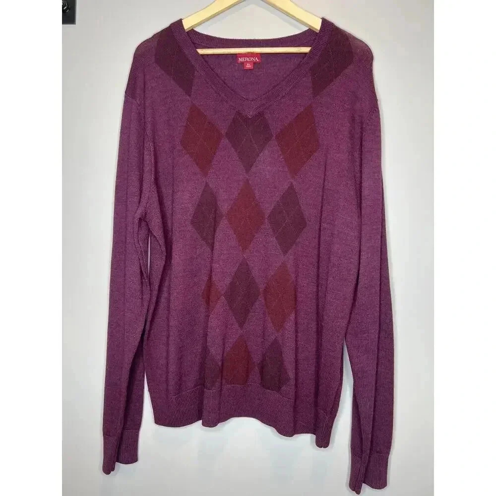 Merona 100% Merino Wool V Neck Long Sleeve Sweater Argyle Purple Red Mens Sz XL